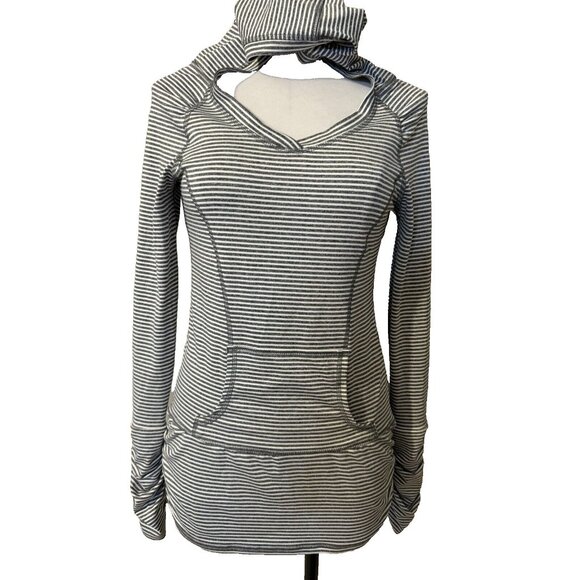 90 Degrees Gray White Stripe Hoodie Athletic Lightweight Stretch Ruched Small - Picture 1 of 10